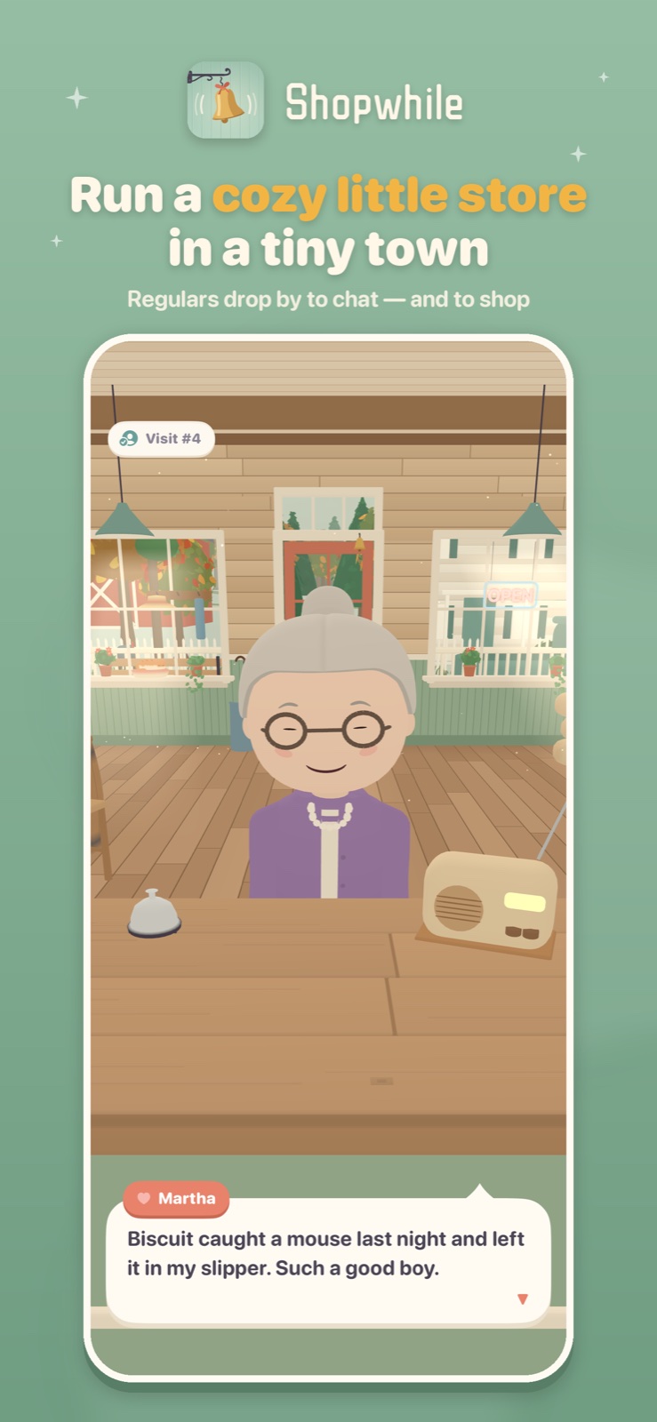 Shopwhile gameplay: a regular customer waits at the counter of the cozy Pine Creek store